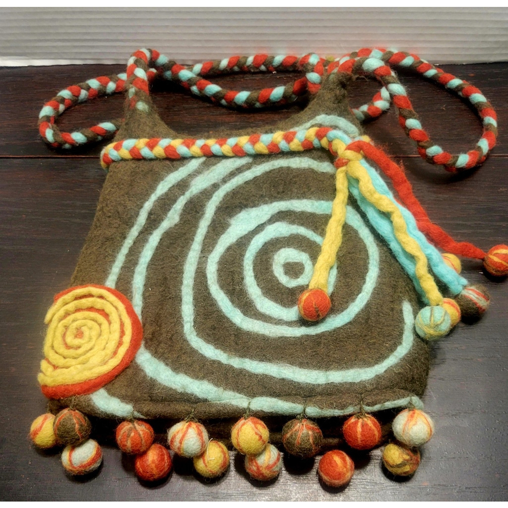 Rising Tide Pom Pom Natural Felted 100% Wool Purse Tote Handbag Bag Made Nepal